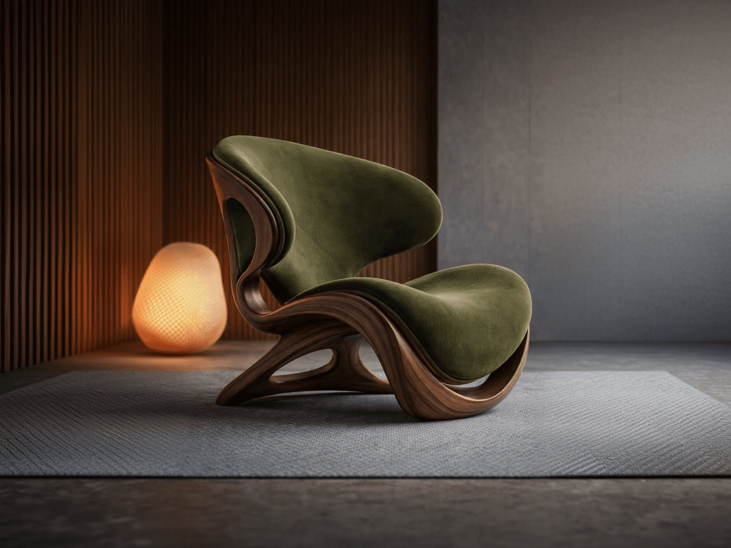 Sculptural olive chair beside a warm light in a walnut interior