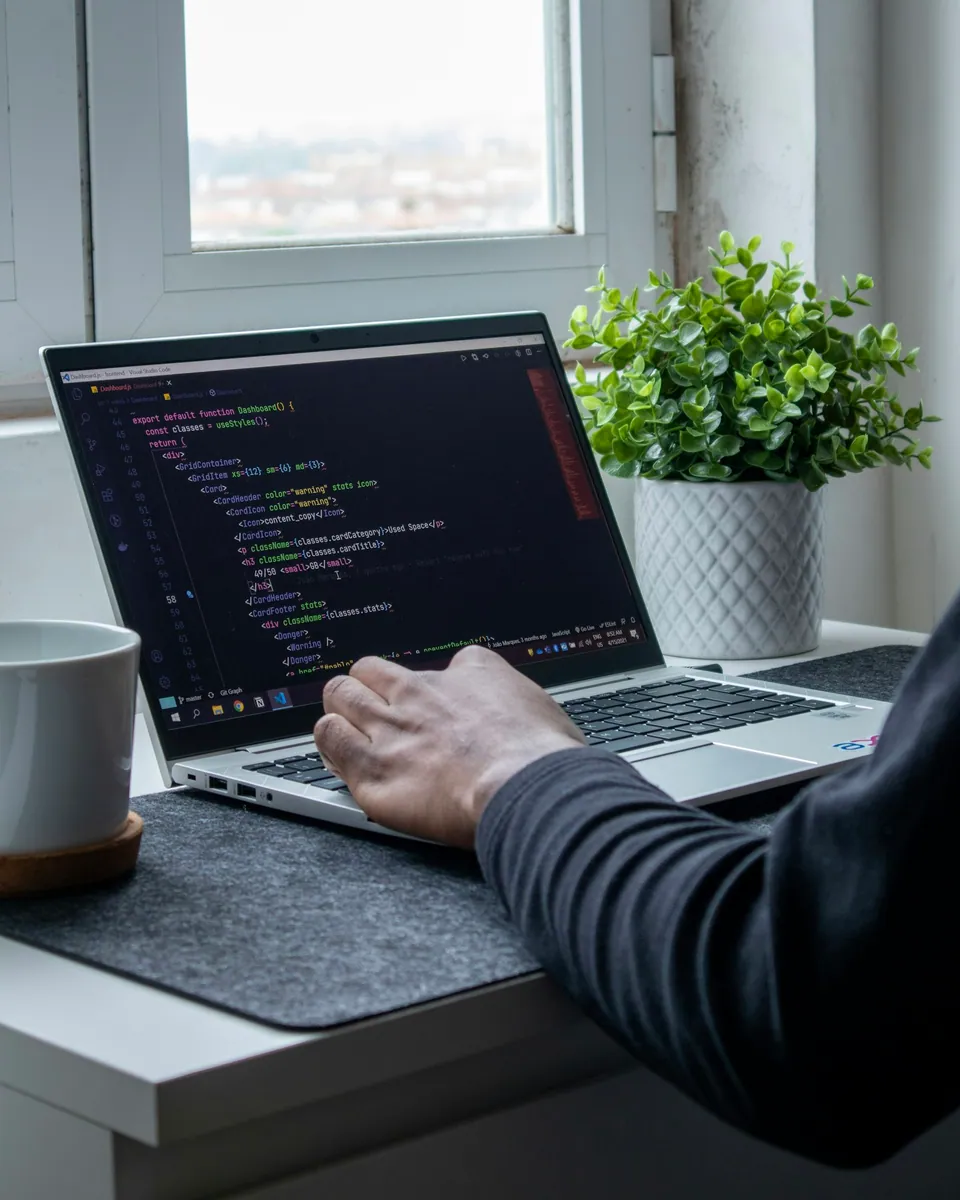 A developer working on a laptop at a desk