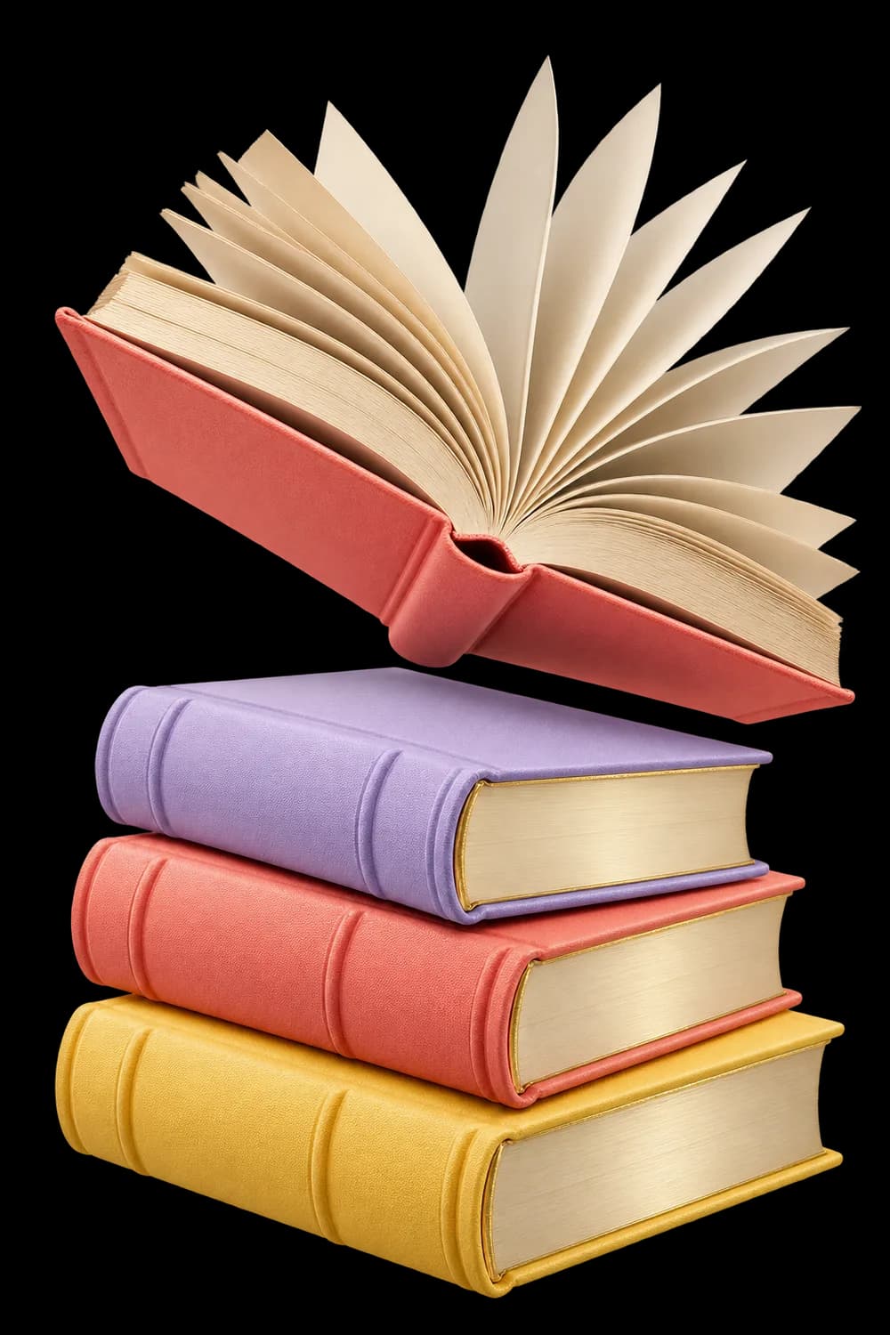 Coral, lavender and yellow books with an open book above
