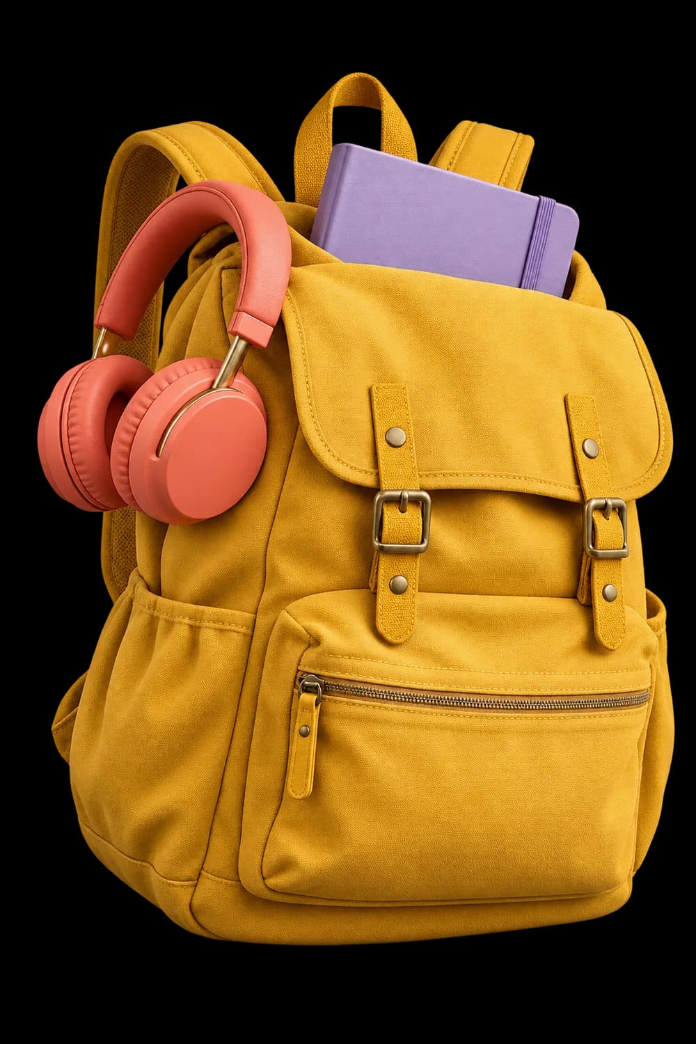 Yellow backpack with notebook and coral headphones