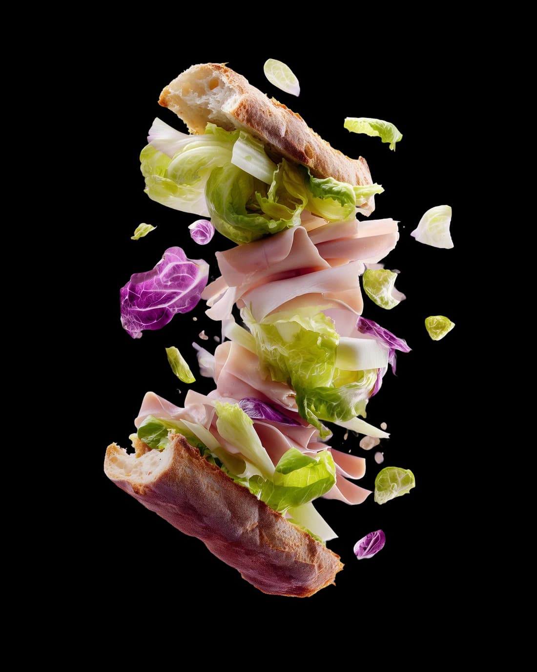 A colourful artisan sandwich with purple cabbage, fresh greens and golden toasted bread