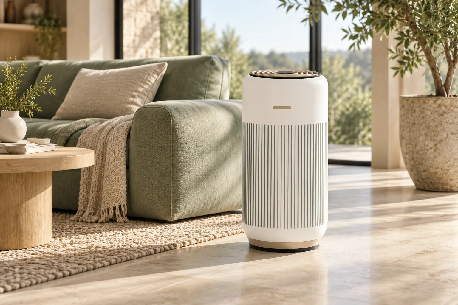 An ivory Aerum purifier beside a sage sofa in a sunlit living room
