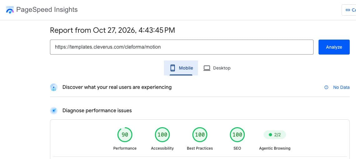 Google PageSpeed report for Cleforma motion, mobile: performance 90, SEO 100, Agentic Browsing Full pass.