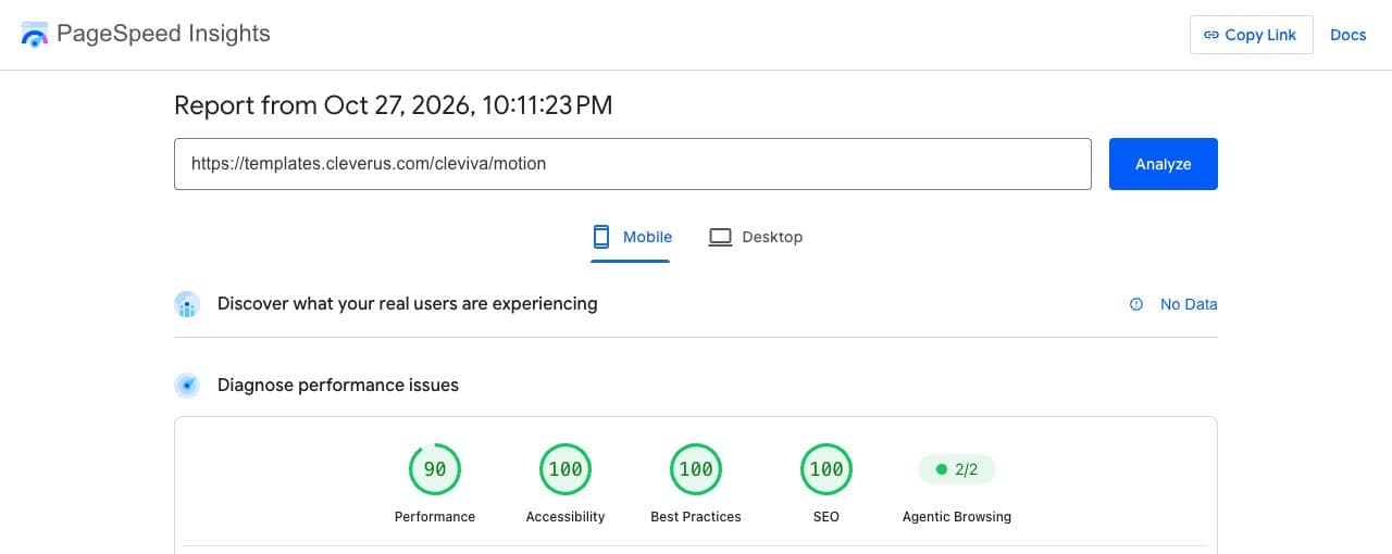 Google PageSpeed report for Cleviva motion, mobile: performance 90, SEO 100, Agentic Browsing Full pass.